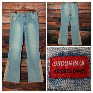 London Blue VIGOSS Vintage Jeans 15 16 Flare Leg Lace Cuff High Rise Raw Hem